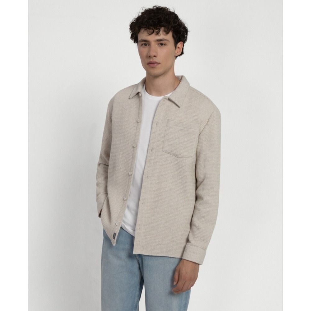 Larsson & Co‎ Mens Waffle Knit Shacket Natural Beige Button Front Size S Neutral